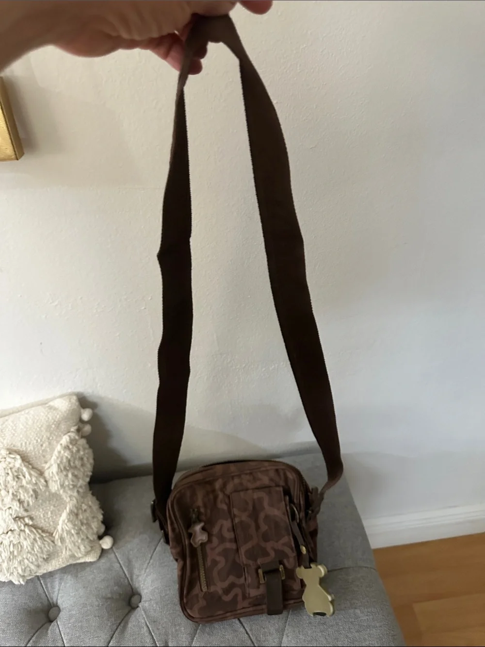Tous Brown Patterned Men's Messenger Bag with Gold Accent Charm